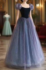 Purple A-Line Tulle Long Evening Prom Dresses, Purple Formal Dresses