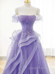 Purple A-Line Tulle Off Shoulder Long Evening Prom Dresses, Purple Lace Evening Dresses
