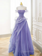 Purple A-Line Tulle Off Shoulder Long Evening Prom Dresses, Purple Lace Evening Dresses