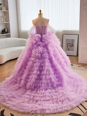 Purple Ball Gown Tulle Off The Shoulder Tiers Evening Prom Dresses