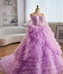 Purple Ball Gown Tulle Off The Shoulder Tiers Evening Prom Dresses