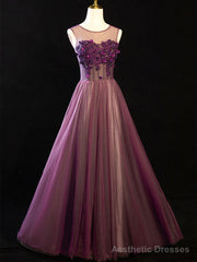 Purple Floral Long Lace Prom Dresses, Purple Floral Long Lace Formal Evening Dresses