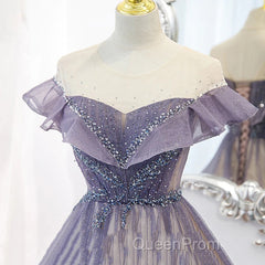 Purple Gradient A-Line Beaded Tulle Long Evening Prom Dresses, Floor Length Purple Evening Dresses