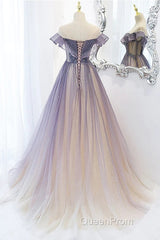 Purple Gradient A-Line Beaded Tulle Long Evening Prom Dresses, Floor Length Purple Evening Dresses