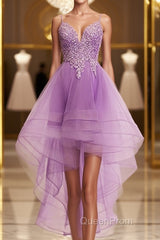 Purple High Low Lace Evening Prom Dresses, Light Purple High Low Lace Formal Homecoming Dresses