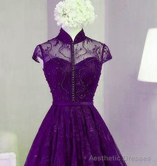 Purple Lace Knee Length Homecoming Dress, Purple Lace Short Prom Dress
