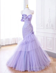 Purple Mermaid Sweetheart Neck Tulle Beaded Long Evening Prom Dresses Strapless Sequin Applique Wedding Dresses