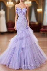 Purple Mermaid Sweetheart Neck Tulle Beaded Long Evening Prom Dresses Strapless Sequin Applique Wedding Dresses