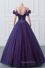 Purple Off-The-Shoulder Sweetheart Party Dresses, Beaded Flowers Ball Gown Tulle Evening Prom Dresses