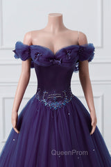 Purple Off-The-Shoulder Sweetheart Party Dresses, Beaded Flowers Ball Gown Tulle Evening Prom Dresses