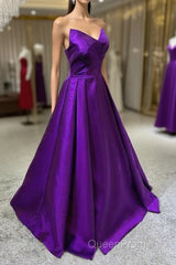 Purple Satin A-Line Simple Floor Length Evening Dresses Formal Dresses, Dark Purple Evening Prom Dresses