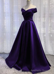 Purple Satin Off Shoulder Long Prom Dress, A-line Simple Purple Formal Dress