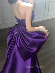 Purple Satin Scoop A-Line Floor Length Party Dresses, Purple Satin Long Evening Prom Dresses With Bow