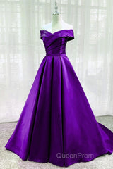 Purple Satin Sweetheart Long Party Dresses Evening Prom Dresses, Off Shoulder Purple Evening Dresses