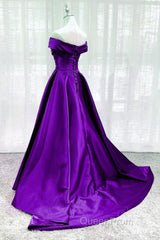 Purple Satin Sweetheart Long Party Dresses Evening Prom Dresses, Off Shoulder Purple Evening Dresses