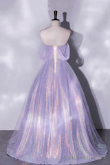 Purple Sequins Long A-Line Prom Dress, Off the Shoulder Evening Party Dress