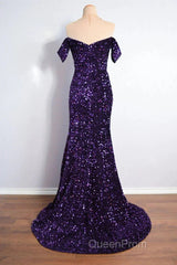 Purple Sparkly Long Formal Dresses Mermaid Off-Shoulder Slit