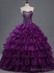 Purple Sweetheart Crystals Organza Ball Gown Quinceanera Dresses