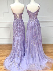 Purple sweetheart neck lace long Evening Prom Dresses, lace formal graduation Dresses