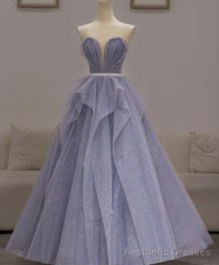Purple Sweetheart Neck Tulle Sequin Long Prom Dress, Purple Ball Gown Graduation Dress