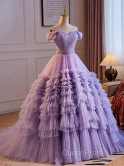 Purple Sweetheart Tulle Layers Sweet 16 Dresses Long Evening Prom Dresses A Line Off Shoulder Solid Color