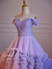 Purple Sweetheart Tulle Layers Sweet 16 Dresses Long Evening Prom Dresses A Line Off Shoulder Solid Color