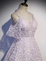 Purple Tulle A Line Long Evening Prom Dresses Formal Dresses With Flowers December Wedding Guest Dresses