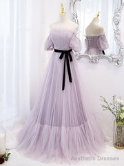 Purple tulle A line long prom dress, purple bridesmaid dress