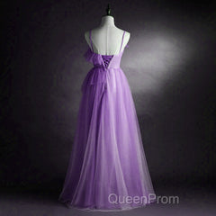 Purple Tulle A-Line Straps Long Formal Dresses, Purple Floor Length Evening Prom Dresses
