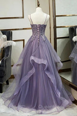 Purple Tulle Layers Long Formal Gown Lace Applique Party Dresses A Line Floor Length Evening Prom Dresses
