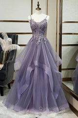 Purple Tulle Layers Long Formal Gown Lace Applique Party Dresses A Line Floor Length Evening Prom Dresses