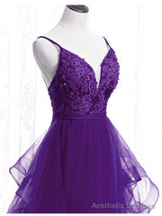 Purple Tulle Layers with Lace Long Evening Dresses, Purple Prom Dress Party Dresses