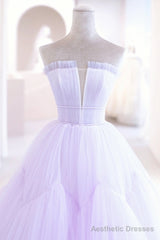 Purple Tulle Long A-Line Prom Dress, A-Line Strapless Evening Gown