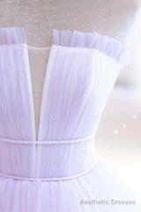 Purple Tulle Long A-Line Prom Dress, A-Line Strapless Evening Gown