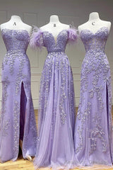 Purple Tulle Long Lace Prom Dresses, Purple Tulle Long Lace Formal Evening Dresses