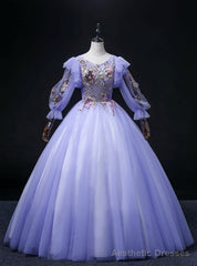 Purple Tulle Long Sleeve Sequins Appliques Quinceanera Dress