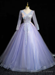 Purple Tulle Long Sleeve V-neck Sequins Quinceanera Dress