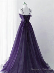 Purple Tulle with Lace Applique Long Prom Dress, Purple Long Formal Dress