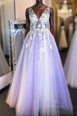 Purple v neck lace applique long Evening Prom Dresses purple formal Dresses