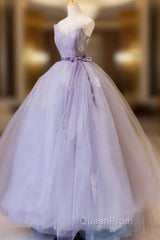 Purple V Neck Tulle Lace Long Evening Prom Dresses, Purple Formal Sweet 16 Dresses