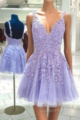 Purple v neck tulle lace short Evening Prom Dresses lace cocktail Dresses