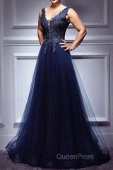 Dark Blue Lace V Neck Long Evening Prom Dresses, Lace Evening Dresses