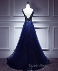 Dark Blue Lace V Neck Long Evening Prom Dresses, Lace Evening Dresses