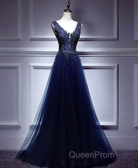 Dark Blue Lace V Neck Long Evening Prom Dresses, Lace Evening Dresses