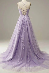 Light Purple Lace Applique A Line Spaghetti Straps Evening Prom Dresses Evening Gown