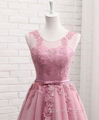 Pink Round Neck Lace Tulle Evening Prom Dresses, Lace Evening Dresses