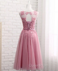 Pink Round Neck Lace Tulle Evening Prom Dresses, Lace Evening Dresses