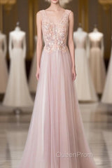 Pink V Neck Lace Long Evening Prom Dresses, Cheap Evening Dresses