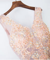 Pink V Neck Lace Long Evening Prom Dresses, Cheap Evening Dresses