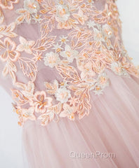 Pink V Neck Lace Long Evening Prom Dresses, Cheap Evening Dresses